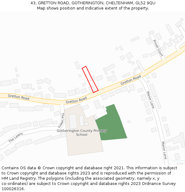 43, GRETTON ROAD, GOTHERINGTON, CHELTENHAM, GL52 9QU: Location map and indicative extent of plot