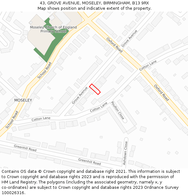 43, GROVE AVENUE, MOSELEY, BIRMINGHAM, B13 9RX: Location map and indicative extent of plot