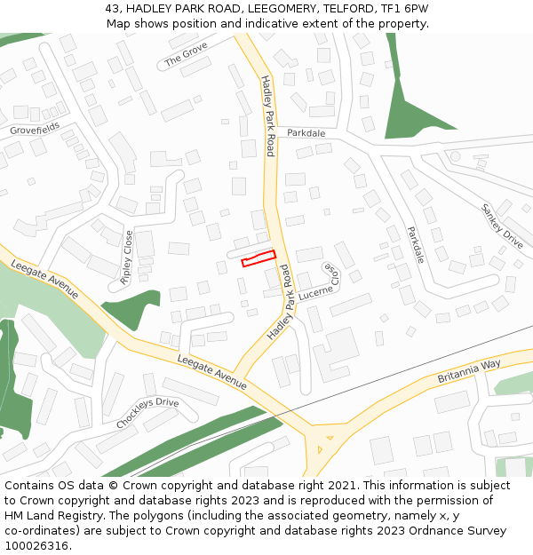 43, HADLEY PARK ROAD, LEEGOMERY, TELFORD, TF1 6PW: Location map and indicative extent of plot