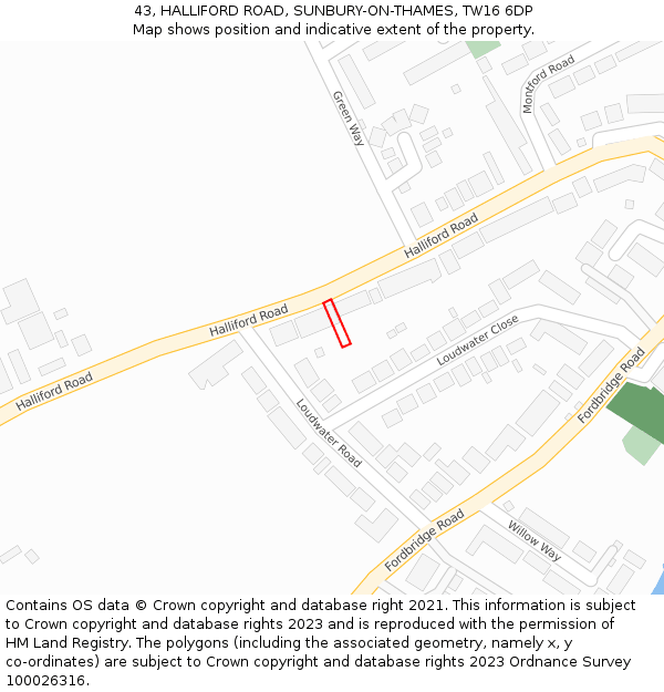 43, HALLIFORD ROAD, SUNBURY-ON-THAMES, TW16 6DP: Location map and indicative extent of plot