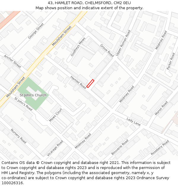 43, HAMLET ROAD, CHELMSFORD, CM2 0EU: Location map and indicative extent of plot