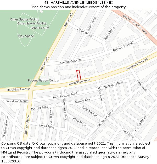 43, HAREHILLS AVENUE, LEEDS, LS8 4EX: Location map and indicative extent of plot