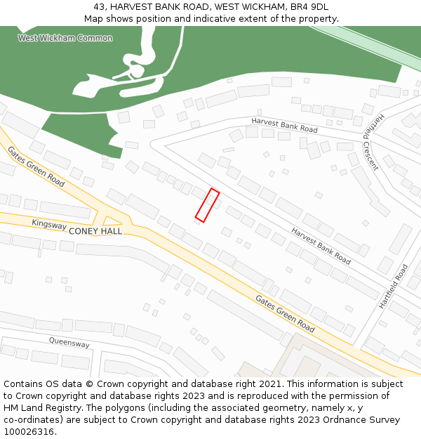 43, HARVEST BANK ROAD, WEST WICKHAM, BR4 9DL: Location map and indicative extent of plot