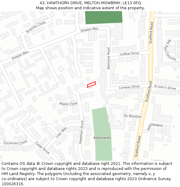 43, HAWTHORN DRIVE, MELTON MOWBRAY, LE13 0PQ: Location map and indicative extent of plot