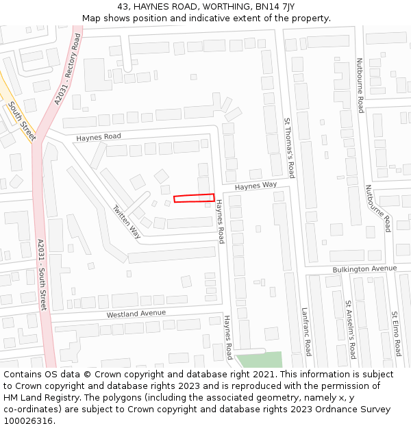 43, HAYNES ROAD, WORTHING, BN14 7JY: Location map and indicative extent of plot