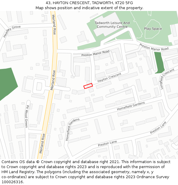 43, HAYTON CRESCENT, TADWORTH, KT20 5FG: Location map and indicative extent of plot