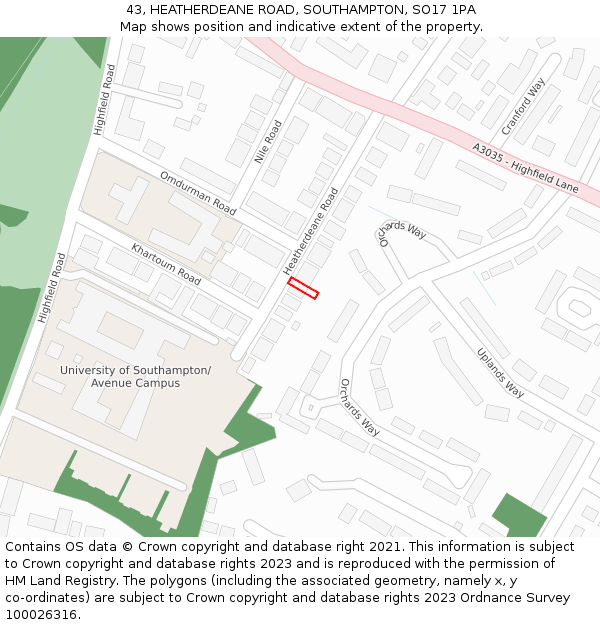 43, HEATHERDEANE ROAD, SOUTHAMPTON, SO17 1PA: Location map and indicative extent of plot