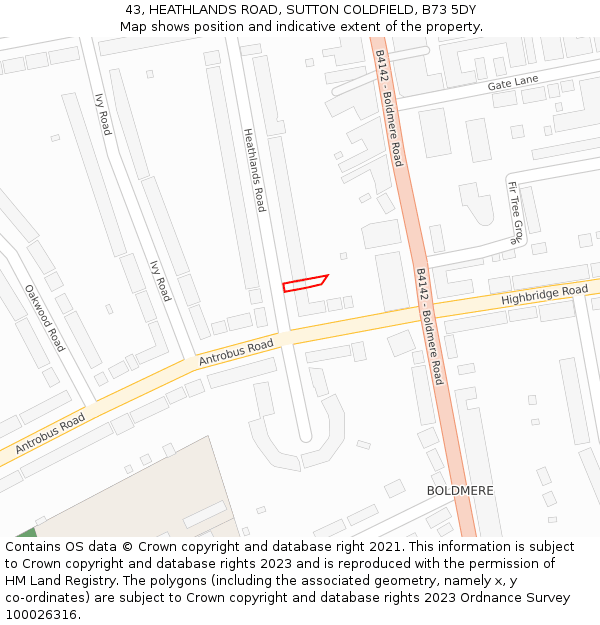 43, HEATHLANDS ROAD, SUTTON COLDFIELD, B73 5DY: Location map and indicative extent of plot