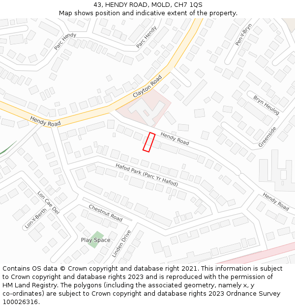 43, HENDY ROAD, MOLD, CH7 1QS: Location map and indicative extent of plot