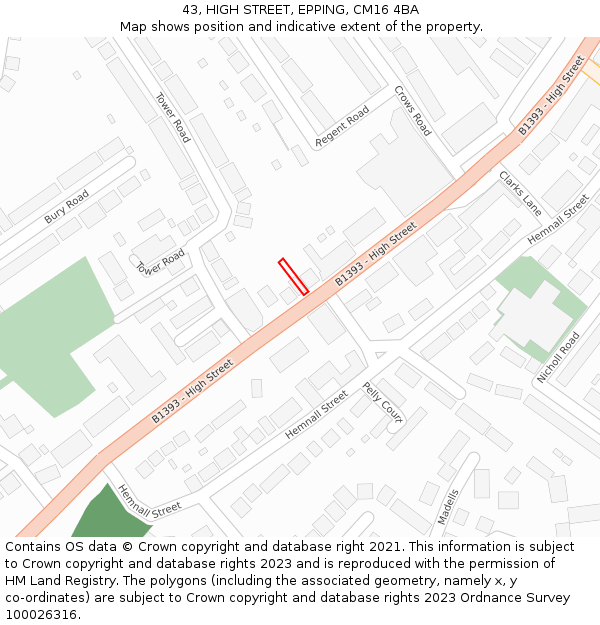 43, HIGH STREET, EPPING, CM16 4BA: Location map and indicative extent of plot