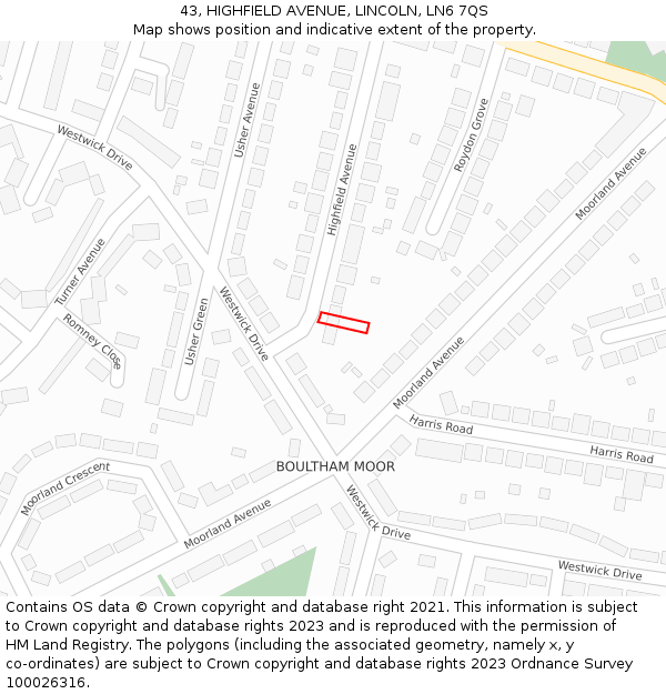 43, HIGHFIELD AVENUE, LINCOLN, LN6 7QS: Location map and indicative extent of plot
