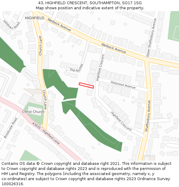 43, HIGHFIELD CRESCENT, SOUTHAMPTON, SO17 1SG: Location map and indicative extent of plot
