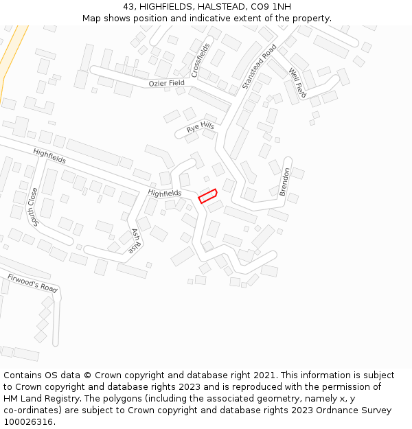 43, HIGHFIELDS, HALSTEAD, CO9 1NH: Location map and indicative extent of plot