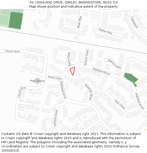 43, HIGHLAND DRIVE, OAKLEY, BASINGSTOKE, RG23 7LF: Location map and indicative extent of plot