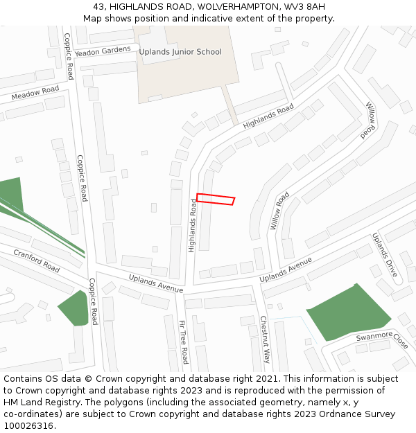 43, HIGHLANDS ROAD, WOLVERHAMPTON, WV3 8AH: Location map and indicative extent of plot