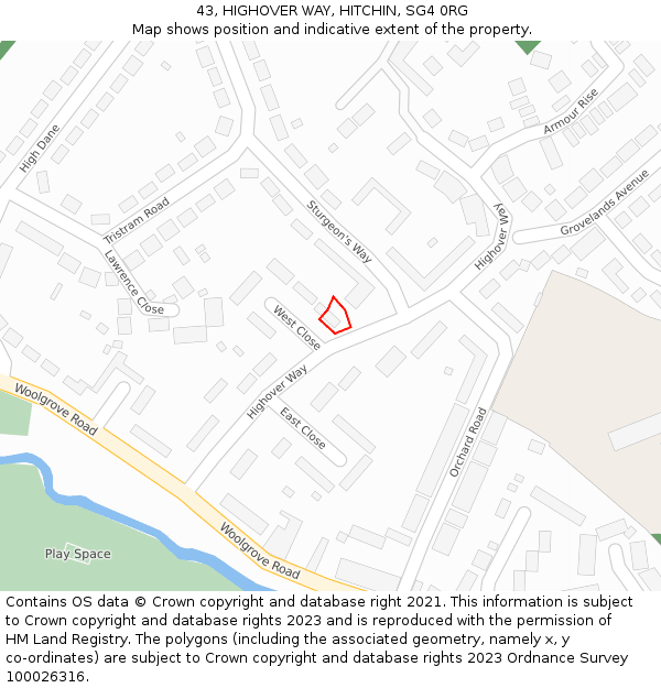 43, HIGHOVER WAY, HITCHIN, SG4 0RG: Location map and indicative extent of plot