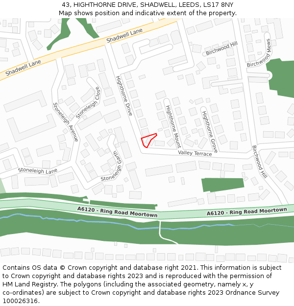 43, HIGHTHORNE DRIVE, SHADWELL, LEEDS, LS17 8NY: Location map and indicative extent of plot
