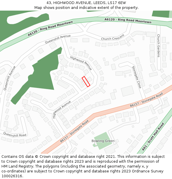 43, HIGHWOOD AVENUE, LEEDS, LS17 6EW: Location map and indicative extent of plot