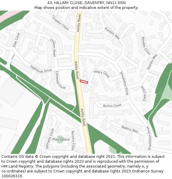 43, HILLARY CLOSE, DAVENTRY, NN11 0SN: Location map and indicative extent of plot