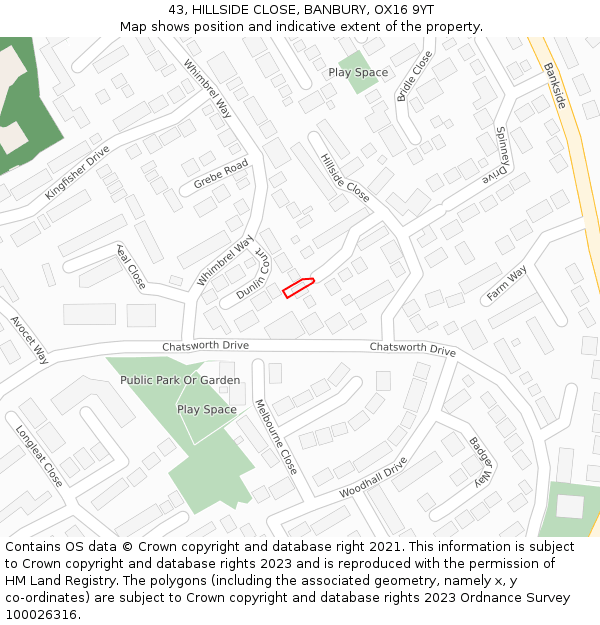 43, HILLSIDE CLOSE, BANBURY, OX16 9YT: Location map and indicative extent of plot