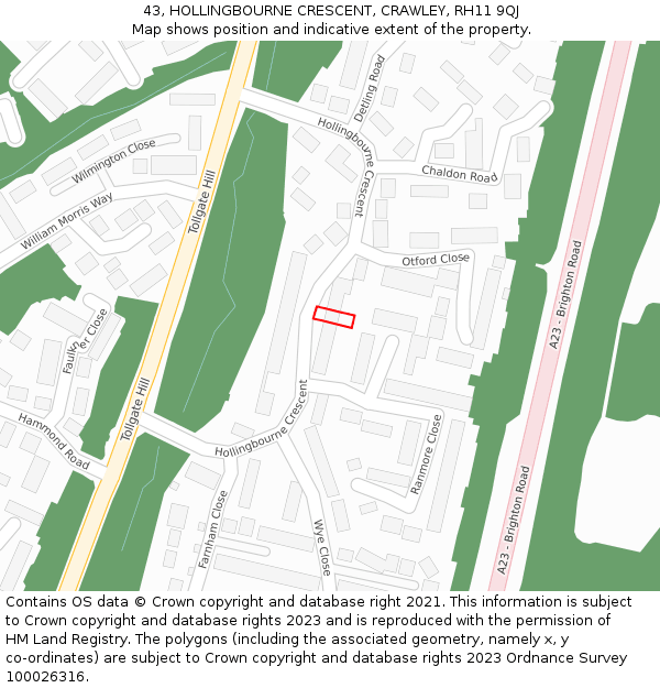 43, HOLLINGBOURNE CRESCENT, CRAWLEY, RH11 9QJ: Location map and indicative extent of plot