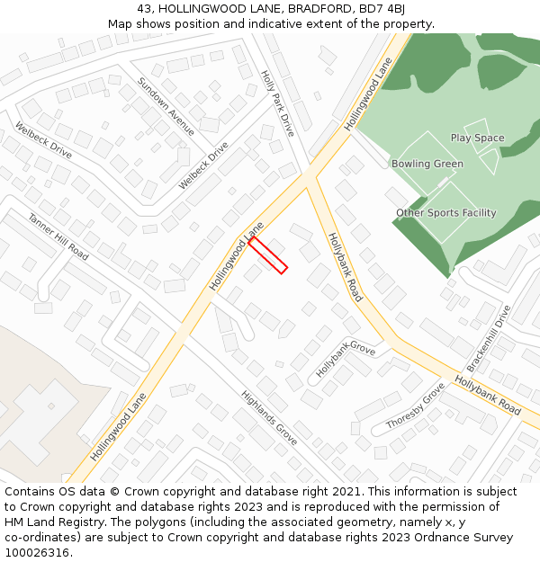 43, HOLLINGWOOD LANE, BRADFORD, BD7 4BJ: Location map and indicative extent of plot