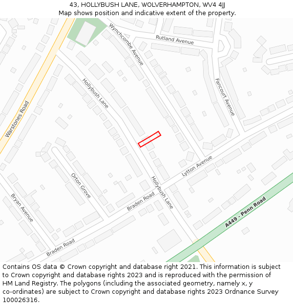 43, HOLLYBUSH LANE, WOLVERHAMPTON, WV4 4JJ: Location map and indicative extent of plot