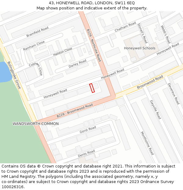 43, HONEYWELL ROAD, LONDON, SW11 6EQ: Location map and indicative extent of plot