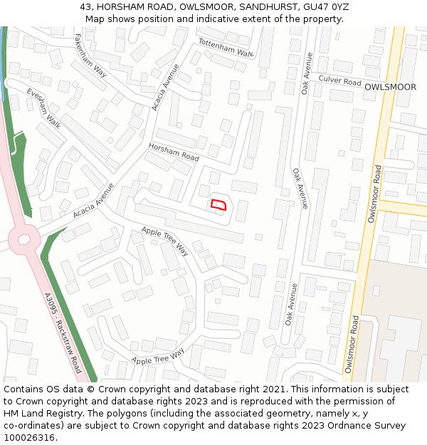 43, HORSHAM ROAD, OWLSMOOR, SANDHURST, GU47 0YZ: Location map and indicative extent of plot