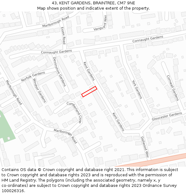 43, KENT GARDENS, BRAINTREE, CM7 9NE: Location map and indicative extent of plot