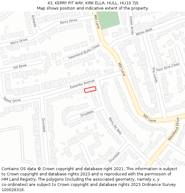 43, KERRY PIT WAY, KIRK ELLA, HULL, HU10 7JS: Location map and indicative extent of plot