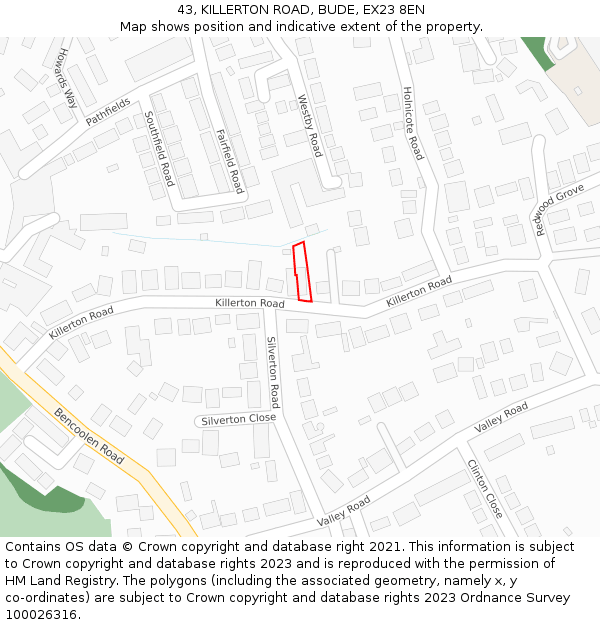 43, KILLERTON ROAD, BUDE, EX23 8EN: Location map and indicative extent of plot