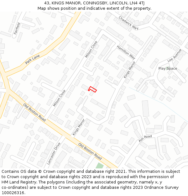 43, KINGS MANOR, CONINGSBY, LINCOLN, LN4 4TJ: Location map and indicative extent of plot