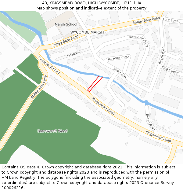 43, KINGSMEAD ROAD, HIGH WYCOMBE, HP11 1HX: Location map and indicative extent of plot