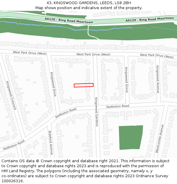 43, KINGSWOOD GARDENS, LEEDS, LS8 2BH: Location map and indicative extent of plot
