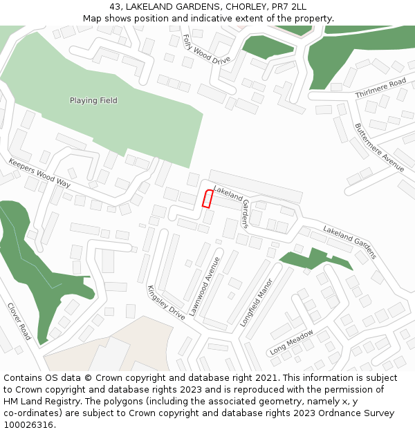 43, LAKELAND GARDENS, CHORLEY, PR7 2LL: Location map and indicative extent of plot