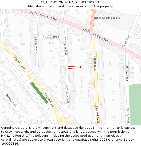 43, LEVINGTON ROAD, IPSWICH, IP3 0NH: Location map and indicative extent of plot