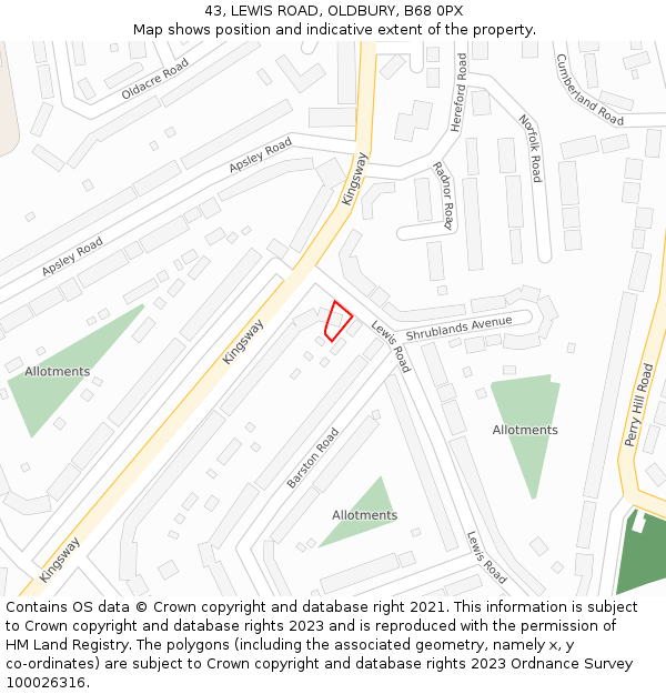 43, LEWIS ROAD, OLDBURY, B68 0PX: Location map and indicative extent of plot