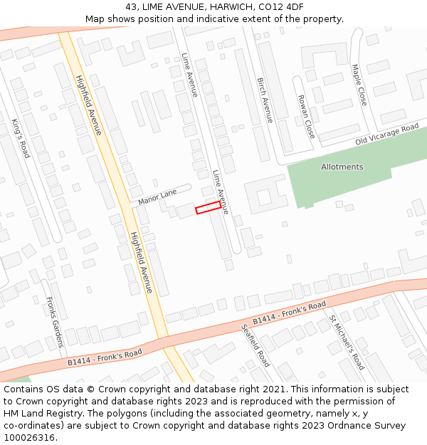 43, LIME AVENUE, HARWICH, CO12 4DF: Location map and indicative extent of plot
