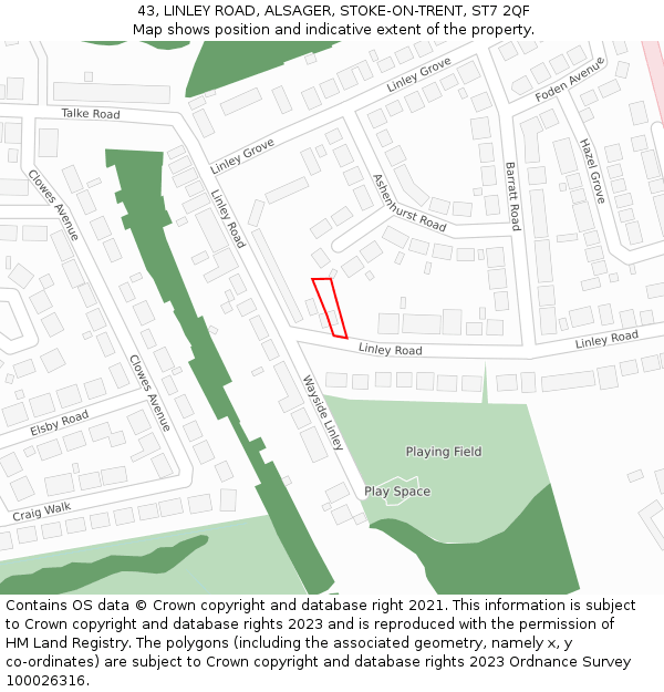 43, LINLEY ROAD, ALSAGER, STOKE-ON-TRENT, ST7 2QF: Location map and indicative extent of plot