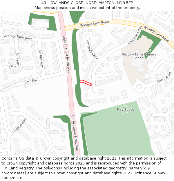 43, LOWLANDS CLOSE, NORTHAMPTON, NN3 5EP: Location map and indicative extent of plot