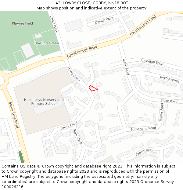 43, LOWRY CLOSE, CORBY, NN18 0QT: Location map and indicative extent of plot