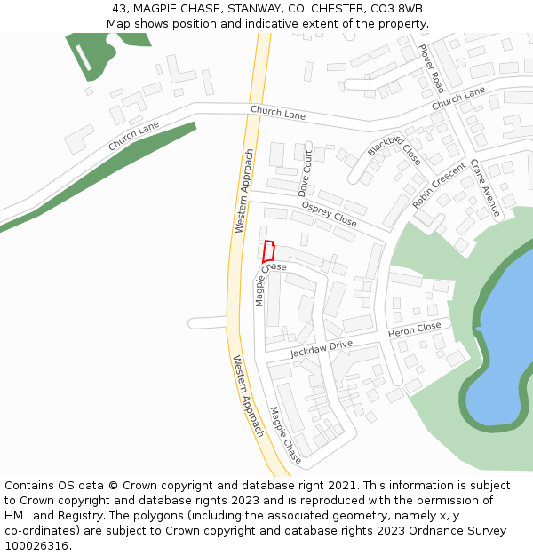 43, MAGPIE CHASE, STANWAY, COLCHESTER, CO3 8WB: Location map and indicative extent of plot