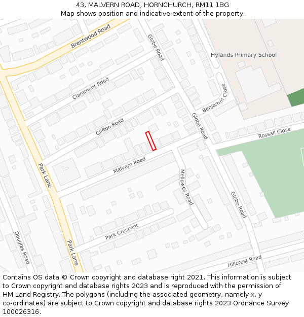 43, MALVERN ROAD, HORNCHURCH, RM11 1BG: Location map and indicative extent of plot