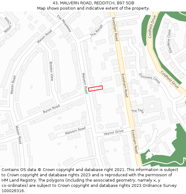 43, MALVERN ROAD, REDDITCH, B97 5DB: Location map and indicative extent of plot