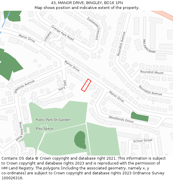 43, MANOR DRIVE, BINGLEY, BD16 1PN: Location map and indicative extent of plot