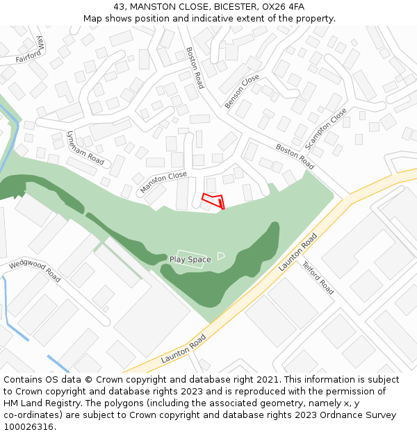 43, MANSTON CLOSE, BICESTER, OX26 4FA: Location map and indicative extent of plot