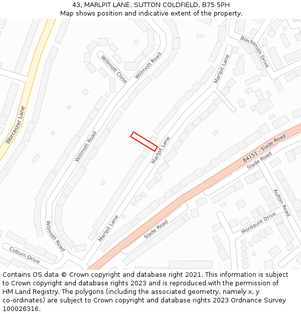 43, MARLPIT LANE, SUTTON COLDFIELD, B75 5PH: Location map and indicative extent of plot