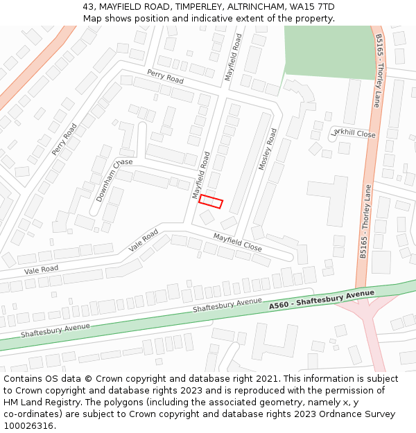 43, MAYFIELD ROAD, TIMPERLEY, ALTRINCHAM, WA15 7TD: Location map and indicative extent of plot