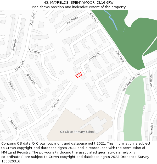 43, MAYFIELDS, SPENNYMOOR, DL16 6RW: Location map and indicative extent of plot